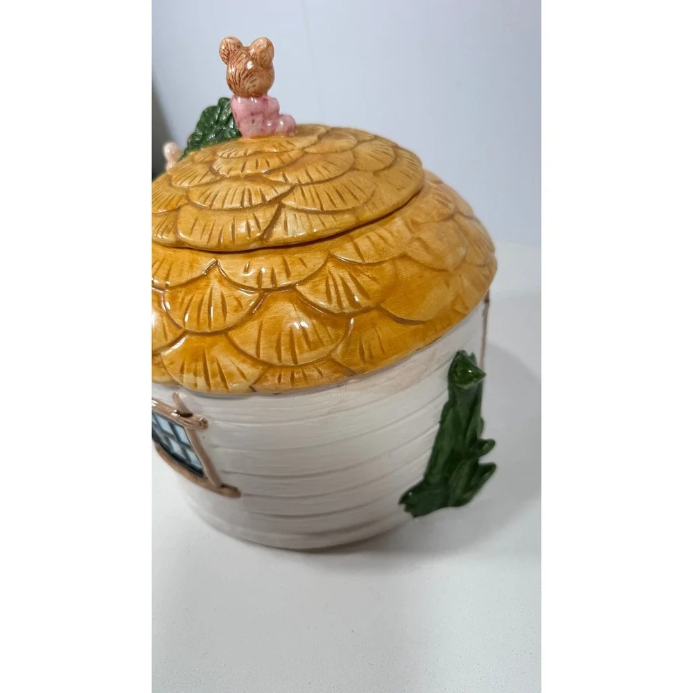 Vintage Ceramic Mouse Cottage Cookie Jar Hand Painted Whimsical Mice House 8in